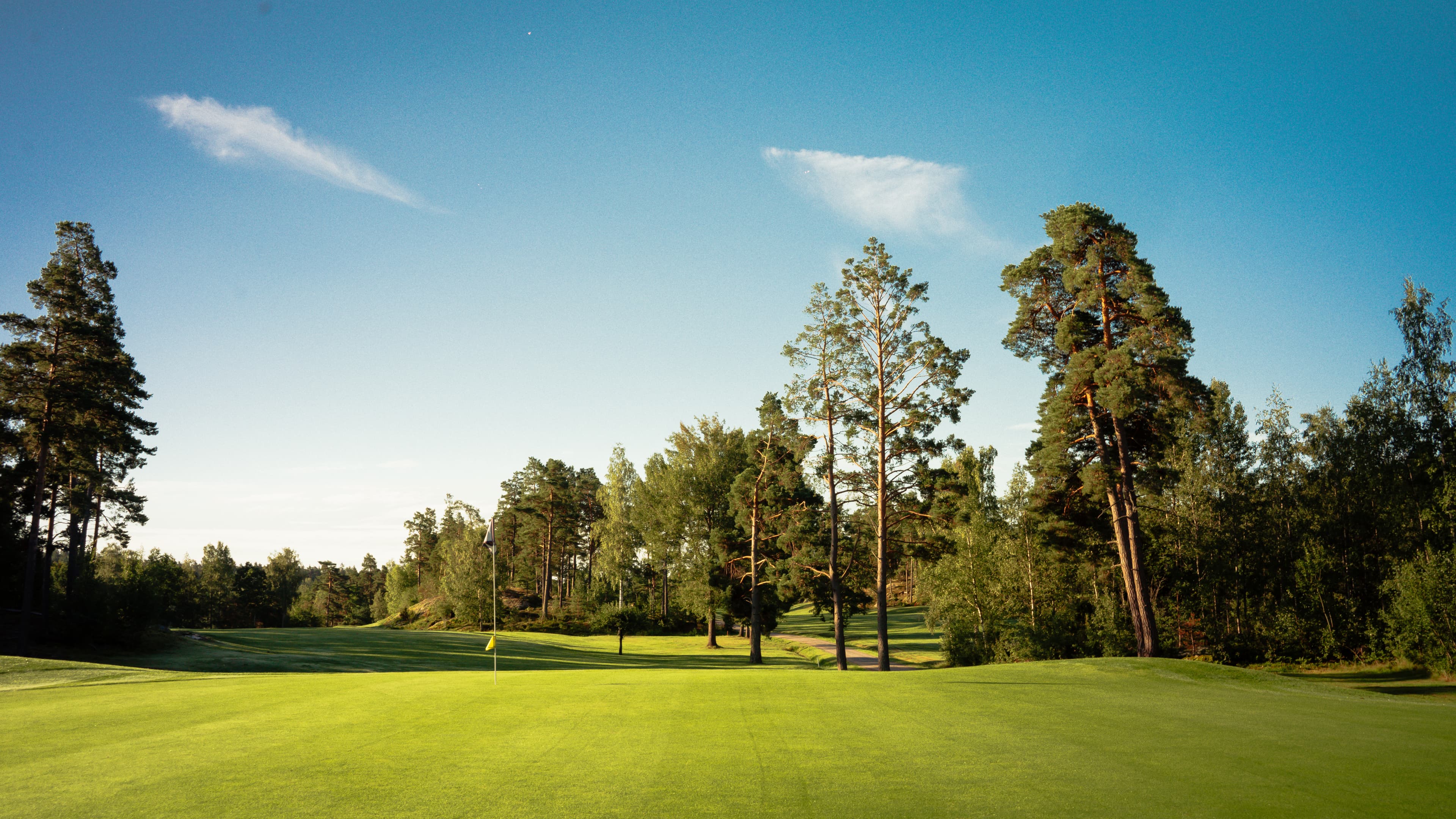 Green med flagga på Ljusterö Golf, omgiven av träd under blå himmel
