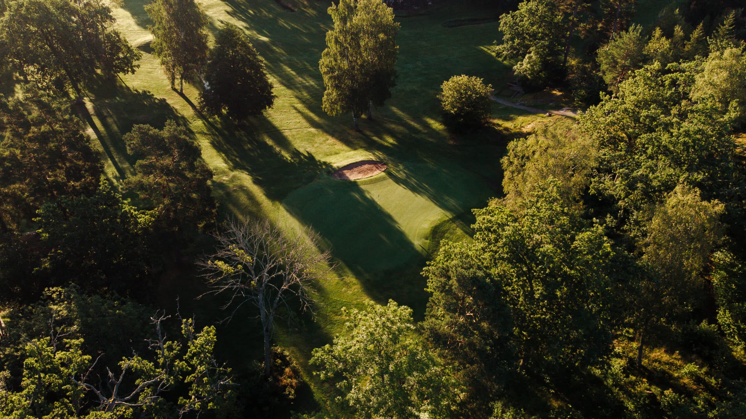 Flygvy över en green och bunker på Ljusterö Golf, omgivna av träd med långa skuggor